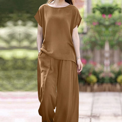 Women’s Two-Piece Set – Loose Fit Blouse – Wide-Leg High-Waist Trousers – Breathable Fabric