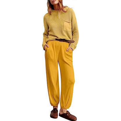 Women’s Two-Piece Set – Knitted Long Sleeve Top – Elastic Waist Jogger Trousers – Relaxed Fit