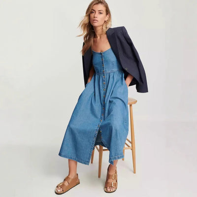 Women’s Midi Dress – Denim – A-Line Fit – Spaghetti Straps – Elastic Back Casual Wear
