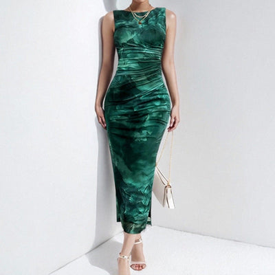 Women’s Sleeveless Dress – Slim Fit – Abstract Print – Midi Length – Side Slit