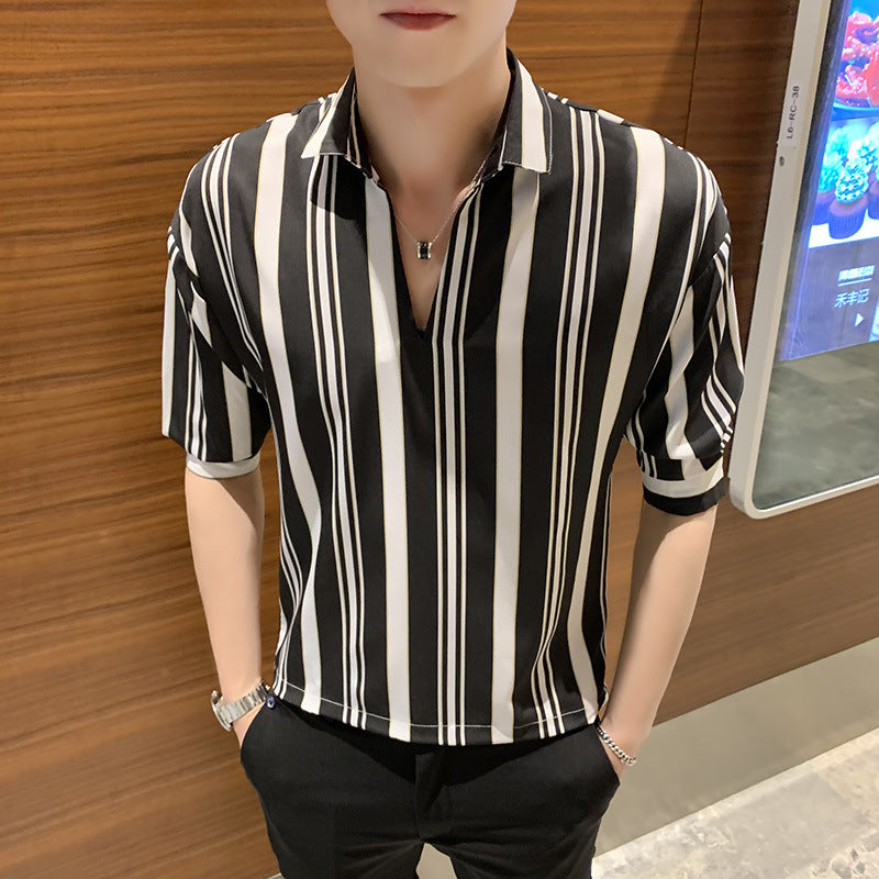 Men's Stripe Shirt - Three-Quarter Sleeve - Casual Wear
