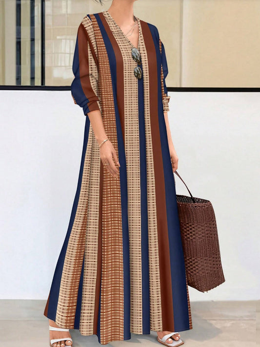Women’s V-Neck Dress – Flowy Fit – Vertical Stripes