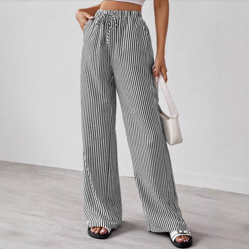 Women’s Straight-Leg Trousers – Drawstring Waist – Striped – Lightweight Breathable Fit