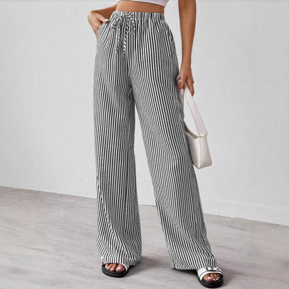 Women’s Straight-Leg Trousers – Drawstring Waist – Striped – Lightweight Breathable Fit