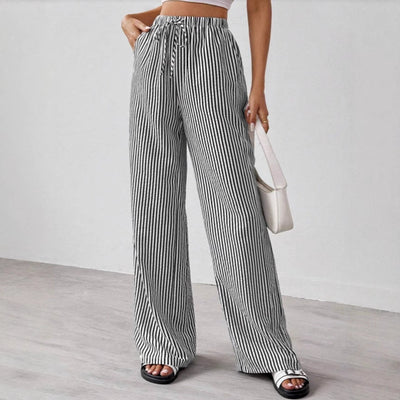 Women’s Straight-Leg Trousers – Drawstring Waist – Striped – Lightweight Breathable Fit