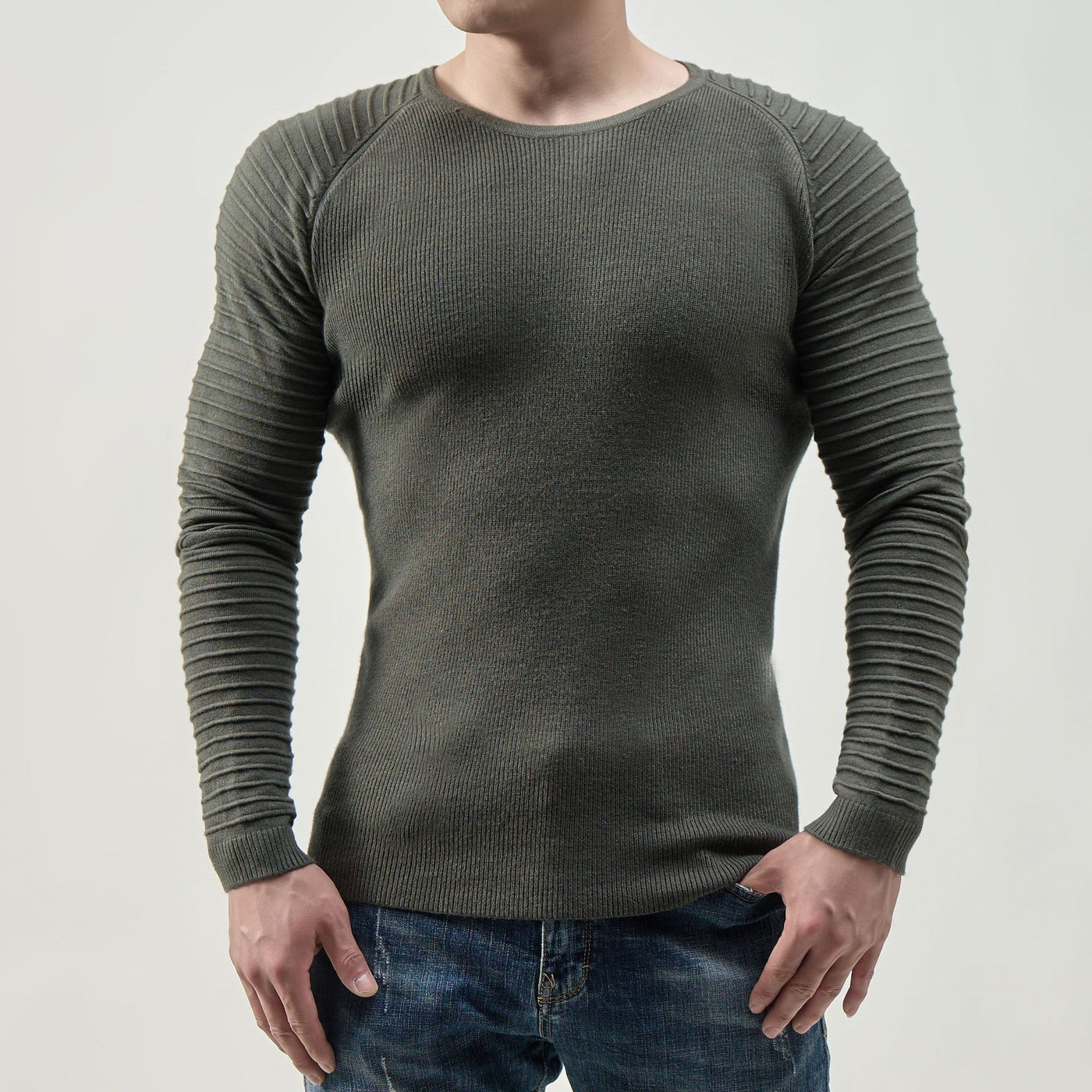 Men's Ribbed Long Sleeve Top - Slim Fit Crew Neck - Casual Wear