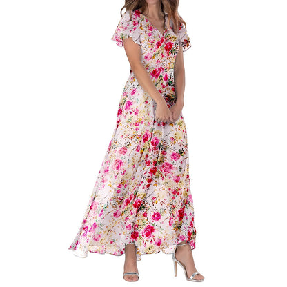 Women’s Maxi Dress – Flowing Fit – V-Neck – Flutter Sleeve – Luxury Fabric – Floral Print