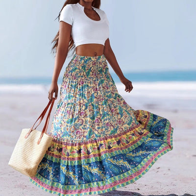 Women’s Strapless Dress – Cotton Blend – Flared Midi – Floral Print – Border Hem