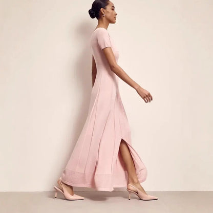 Women’s Maxi Dress – Slim Fit – V-Neck – Short Sleeve – Pleated Knit with Slit