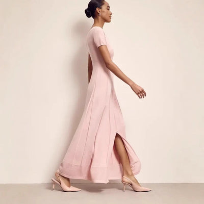Women’s Maxi Dress – Slim Fit – V-Neck – Short Sleeve – Pleated Knit with Slit
