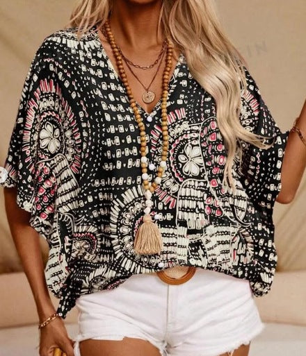 Women’s V-Neck Top – Relaxed Fit – Batwing Sleeves – Lightweight Printed Fabric