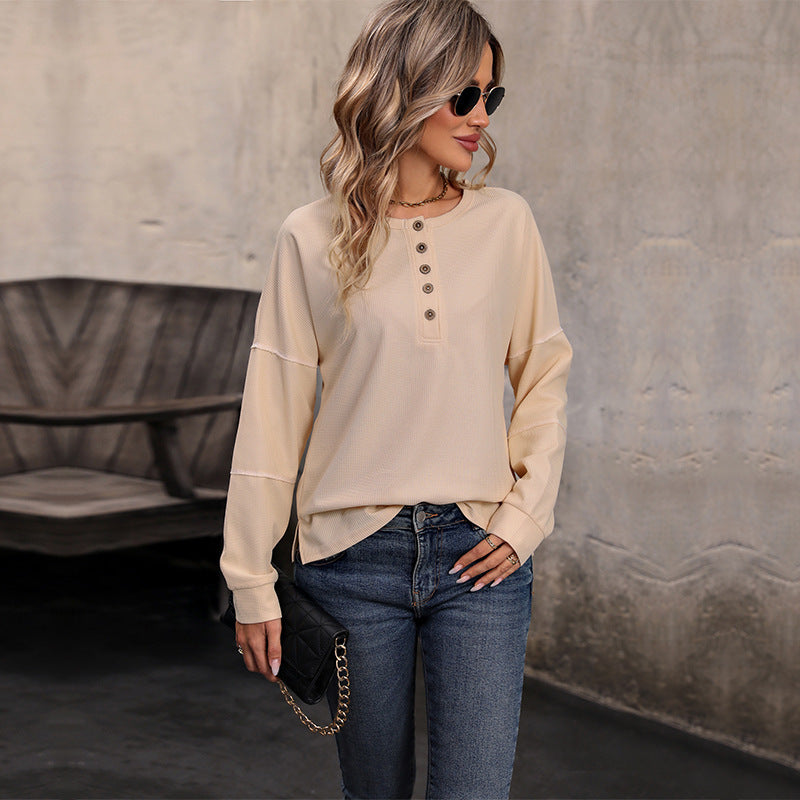 Women’s Knit Top – Relaxed Fit – Long Sleeve – Round Neck – Button Front Casual Wear