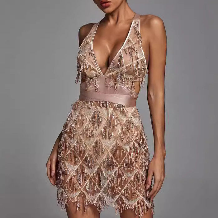 Women’s Midi Dress – Fitted Silhouette – Sequin Tassel Detail – Plunging V-Neck