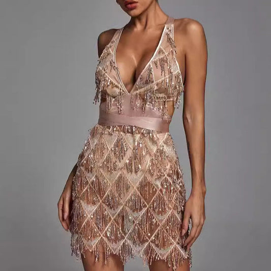Women’s Midi Dress – Fitted Silhouette – Sequin Tassel Detail – Plunging V-Neck