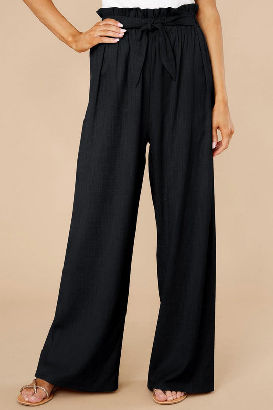 Women’s Wide-Leg Trousers – Cotton Linen Blend – High Waist – Elastic Waist with Tie Belt