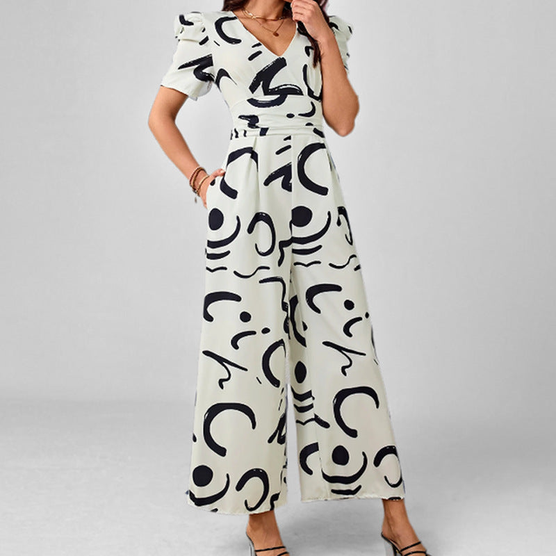 Women’s Jumpsuit – V-Neck – Puff Sleeve – Wide Leg – Abstract Print – Tailored Fit