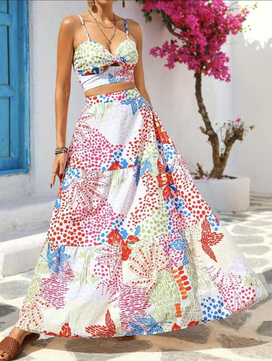 Women’s Two-Piece Set – Fitted Crop Top – Tiered A-Line Maxi Skirt – Breathable Fabric