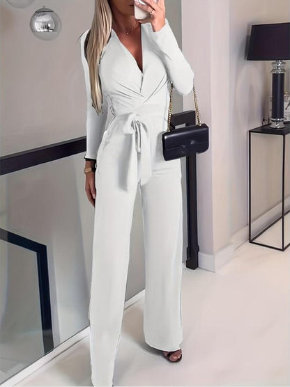 Women’s Jumpsuit – V-Neck Wrap Style – Long Sleeve – Wide Leg – Tailored Fit – Soft Fabric