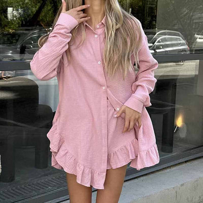Women’s Loungewear Set – Cotton Blend – Relaxed Fit – Long Sleeve Shirt & Ruffle Shorts