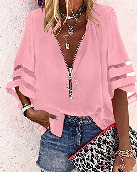 Women’s Zip-Up Blouse – Relaxed Fit – Slit Elbow Sleeves – V-Neck