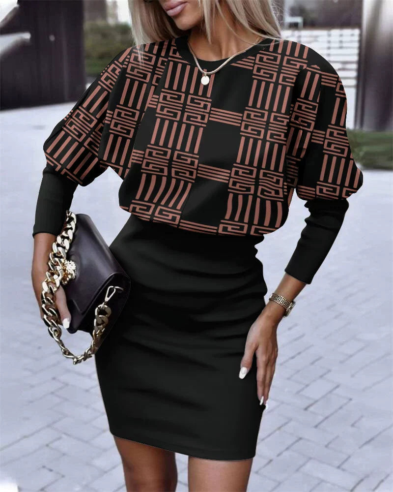Women’s Mini Dress – Geometric Print Top – Slim Fit Skirt – Long Sleeve – Round Neck