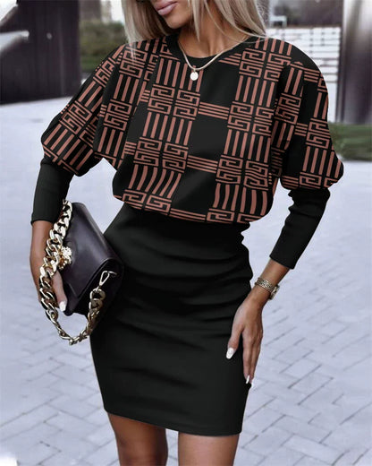 Women’s Mini Dress – Geometric Print Top – Slim Fit Skirt – Long Sleeve – Round Neck