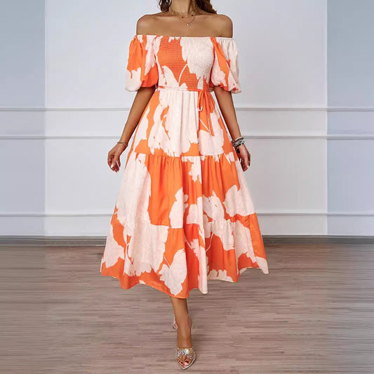 Women’s Off-Shoulder Midi Dress – Puff Sleeve – Shirred Bodice – Tiered A-Line Fit