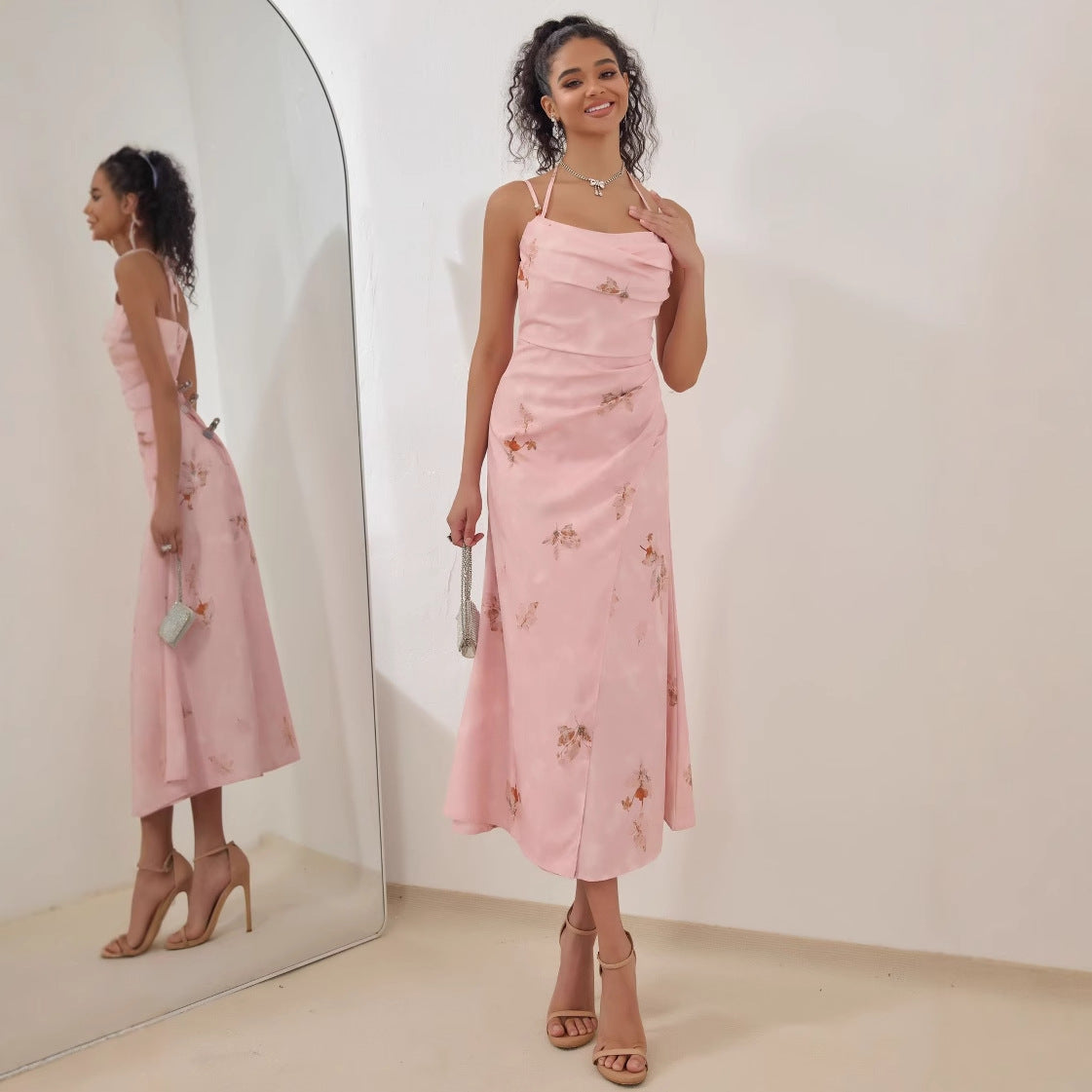 Women’s Midi Dress – Satin Feel – A-Line Fit – Strappy Draped Floral Formal Wear