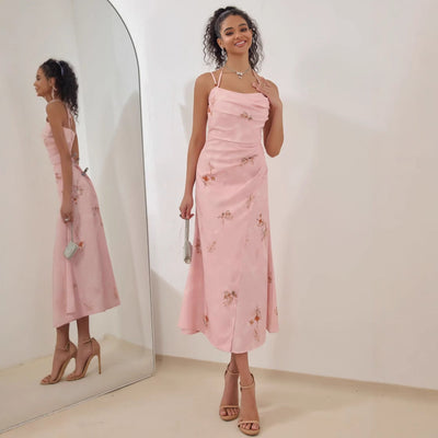 Women’s Midi Dress – Satin Feel – A-Line Fit – Strappy Draped Floral Formal Wear