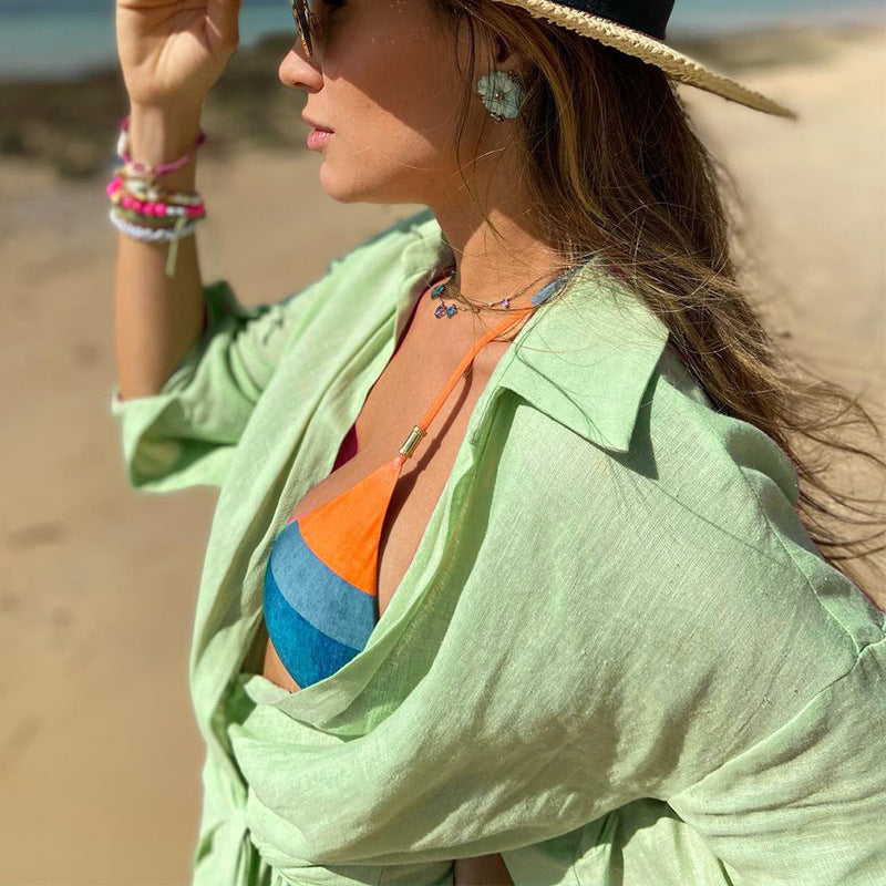 Women’s Wrap Dress – Cotton Linen Blend – Mini Length – Long Sleeve – Collared V-Neck