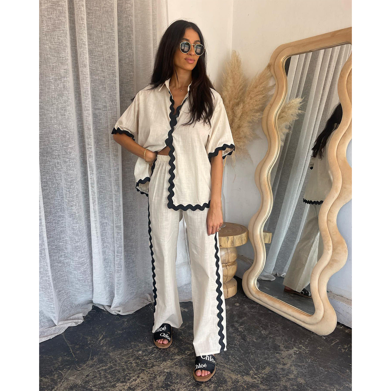 Women’s Two-Piece Set – Lightweight Cotton – Loose Fit – Scalloped Hem – Open Front
