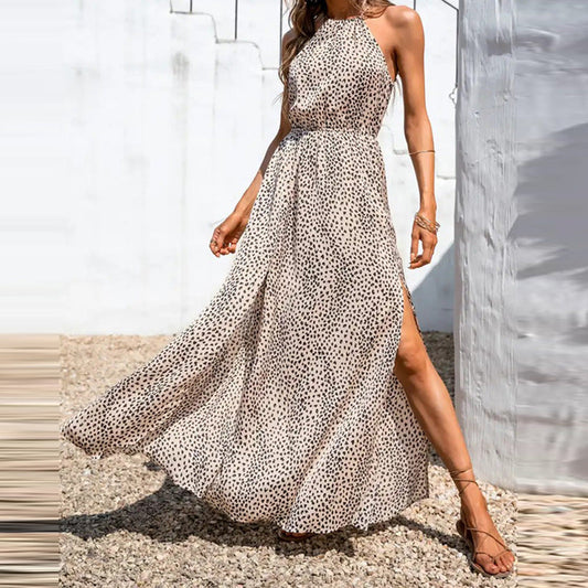 Women’s Halter Neck Dress – A-Line Fit – Polka Dot – High Slit – Sleeveless Elegant Style