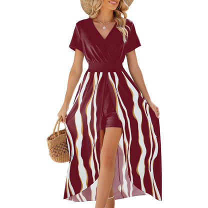 Women’s Maxi Dress – V-Neck Wrap Top – Fitted Waist – High Slit – Breathable Blend