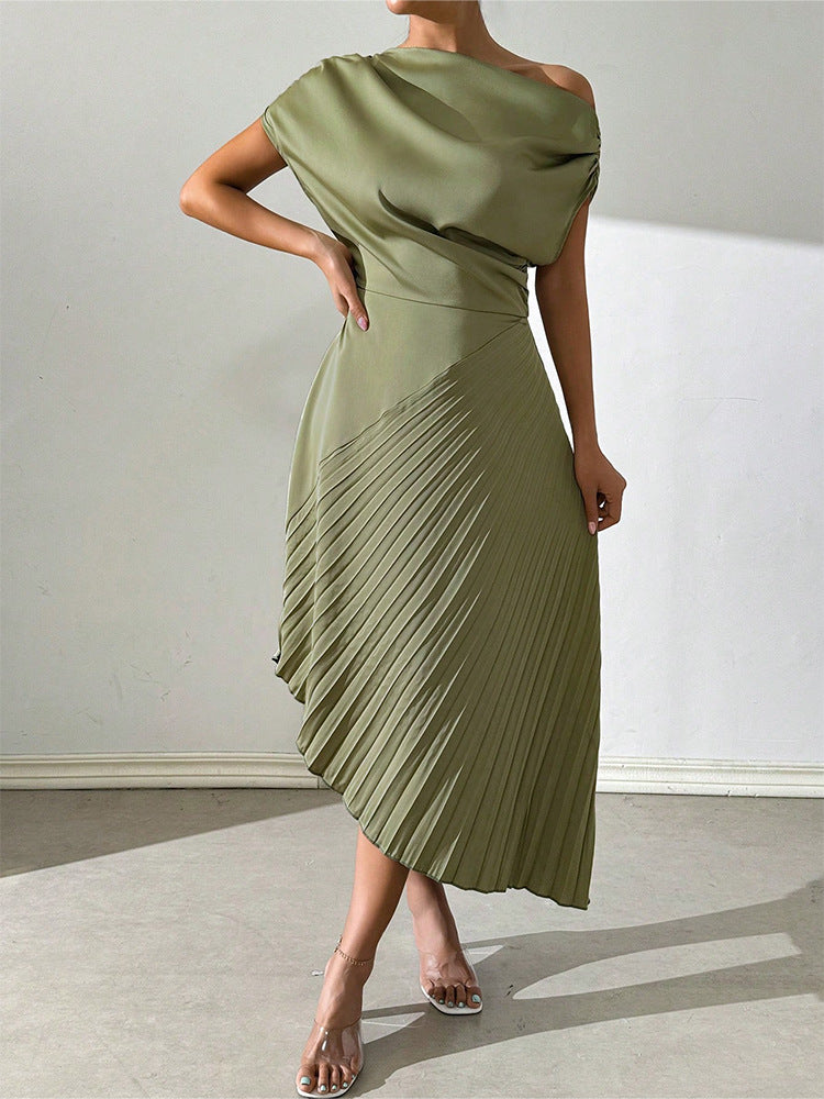 Women’s Midi Dress – One Shoulder – Fitted Draped Bodice – Pleated Asymmetrical Hem