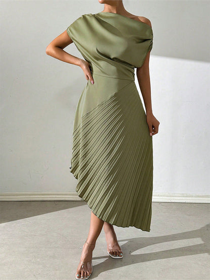 Women’s Midi Dress – One Shoulder – Fitted Draped Bodice – Pleated Asymmetrical Hem