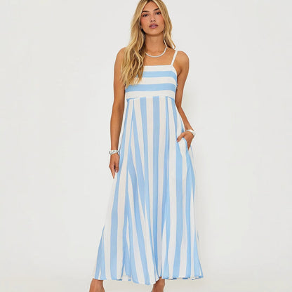 Women’s Long Dress – A-Line Fit – Square Neck – Vertical Stripe – Cotton Fabric