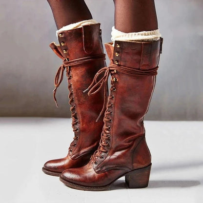 Women’s Knee-High Boots – Leather – Lace-Up Front – Chunky Heel – Side Zip Fit