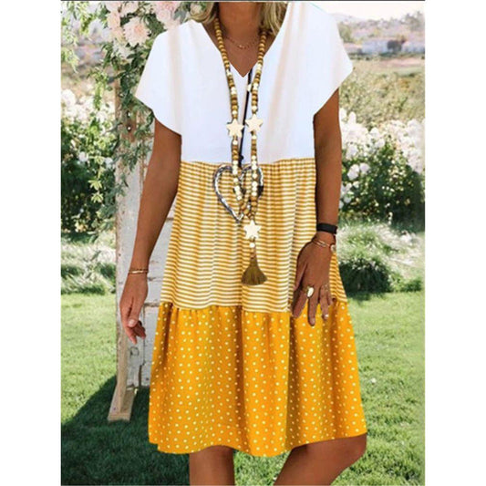 Women’s Midi Dress – Relaxed Fit – V-Neck – Short Sleeve – Breathable Blend – Midi Length