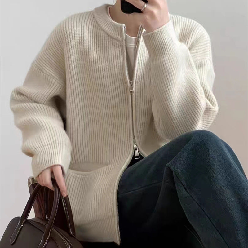 Women’s Knit Cardigan – Oversized Fit – Ribbed Wool Blend – Dual Zipper – Crew Neck