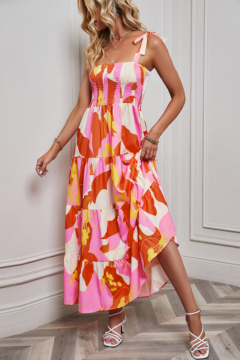 Women’s Maxi Dress – Smocked Bodice – Tie Straps – Tiered Skirt – Backless Elegant Fit