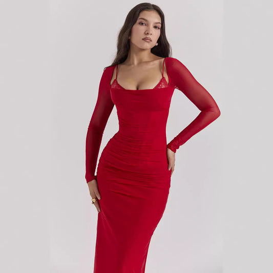 Women’s Sheath Dress – Slim Fit – Mesh Sleeves – Lace Detail – Backless – Full Length