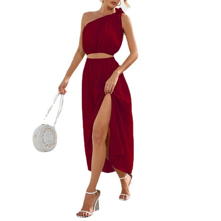Women’s Two-Piece Set – One Shoulder Top – High Waist Side Slit Skirt – Flowy Fit