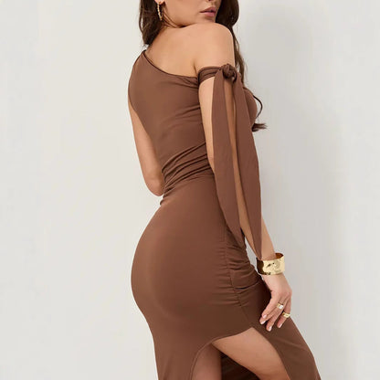Women’s Off-Shoulder Midi Dress – Slim Fit – Stretch Jersey – Ruched – Asymmetrical Neckline