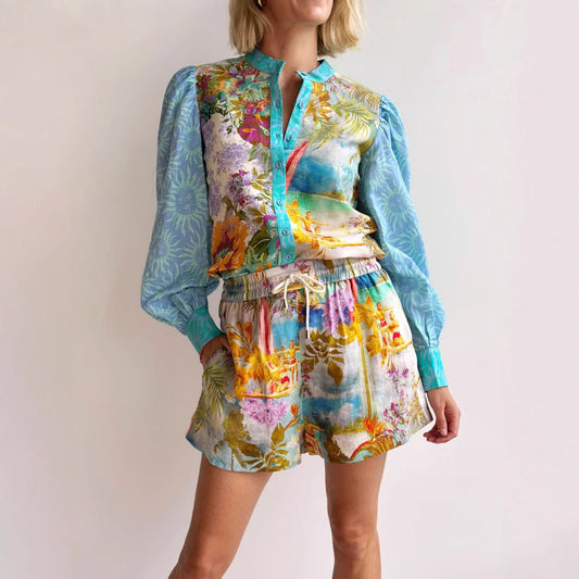 Women’s Linen Shirt and Shorts Set – Relaxed Fit – Button-Up – Drawstring Waist