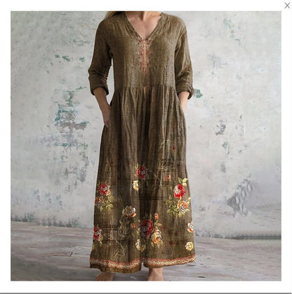 Women’s Maxi Dress – Natural Fibers – Relaxed Fit – V-Neck – Long Sleeve – Striped