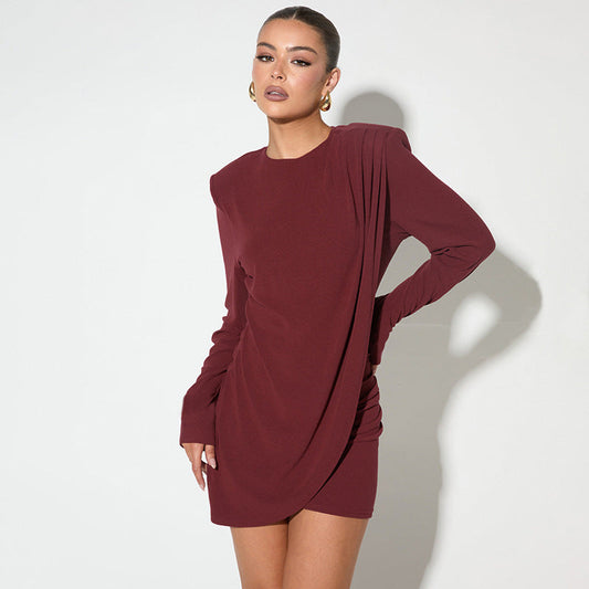 Women’s Bodycon Mini Dress – Slim Fit – Long Sleeve – Draped Side Detail – Knit Stretch