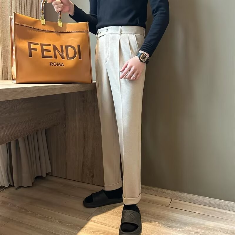 Men’s Dress Trousers – Wool Blend – Tailored Fit – High Waist – Pleated Front – Cuffed Hem
