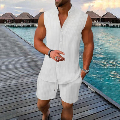 Men’s Shirt and Short Set – Relaxed Fit – Button-Up – Linen – Mandarin Collar