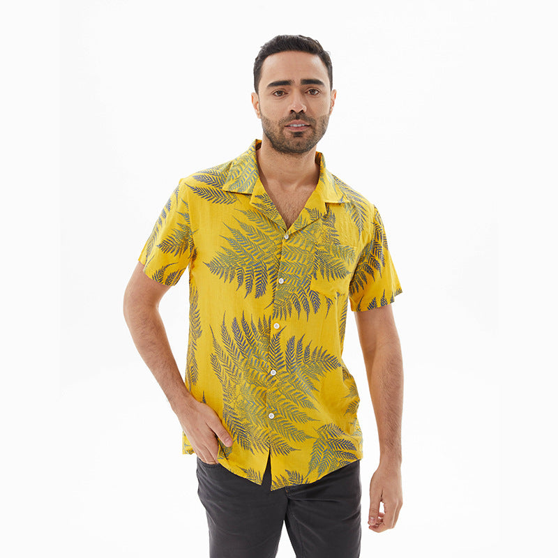 Men’s Short Sleeve Shirt – Relaxed Fit – Lightweight Breathable Cotton Blend – Leaf Print
