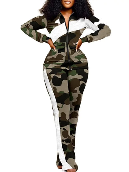 Women’s Two-Piece Trousers Suit – Slim Fit – Animal Print – Zip Jacket – Stretch Fabric